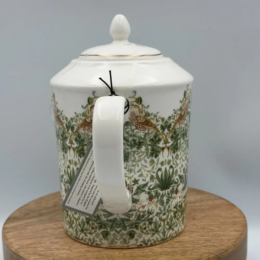 William Morris & Co Strawberry Thief White Porcelain Teapot Birds Green Tan NIP